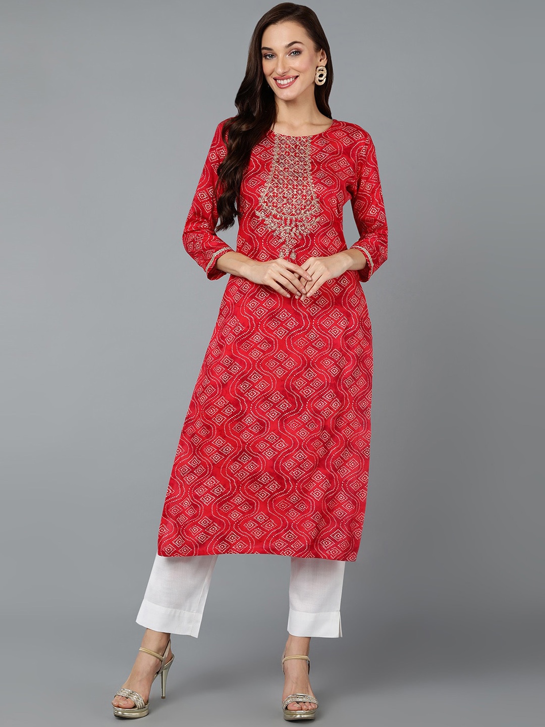 

KALINI Bandhani Printed Embroidered Straight Kurta, Red