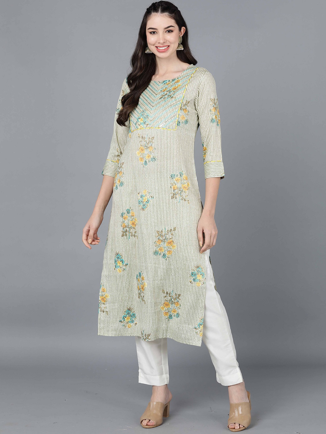 

KALINI Floral Printed Round Neck Gotta Patti Cotton Straight Kurta, Beige