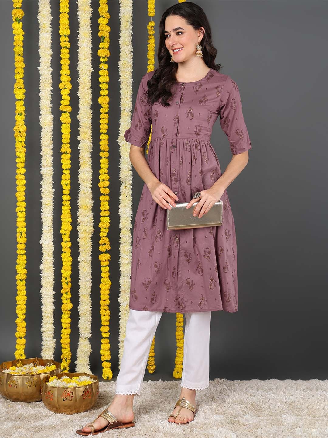 

KALINI Ethnic Motifs Printed Round Neck Cotton A-Line Kurta, Purple