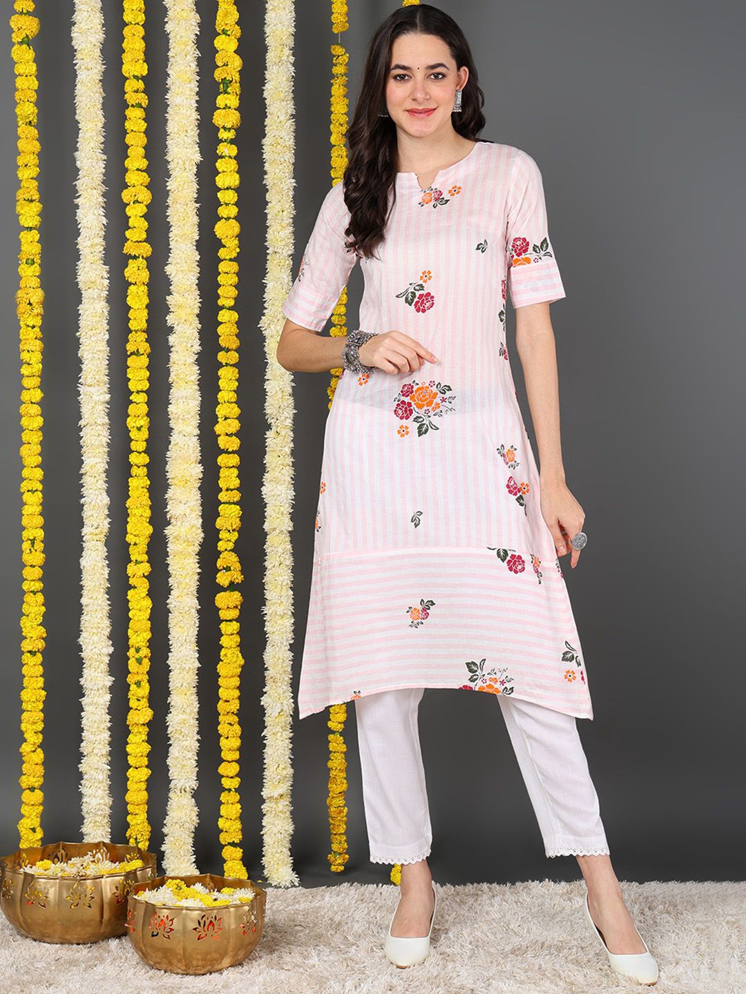 KALINI Floral Printed Notch Neck Cotton A-Line Kurta, Pink