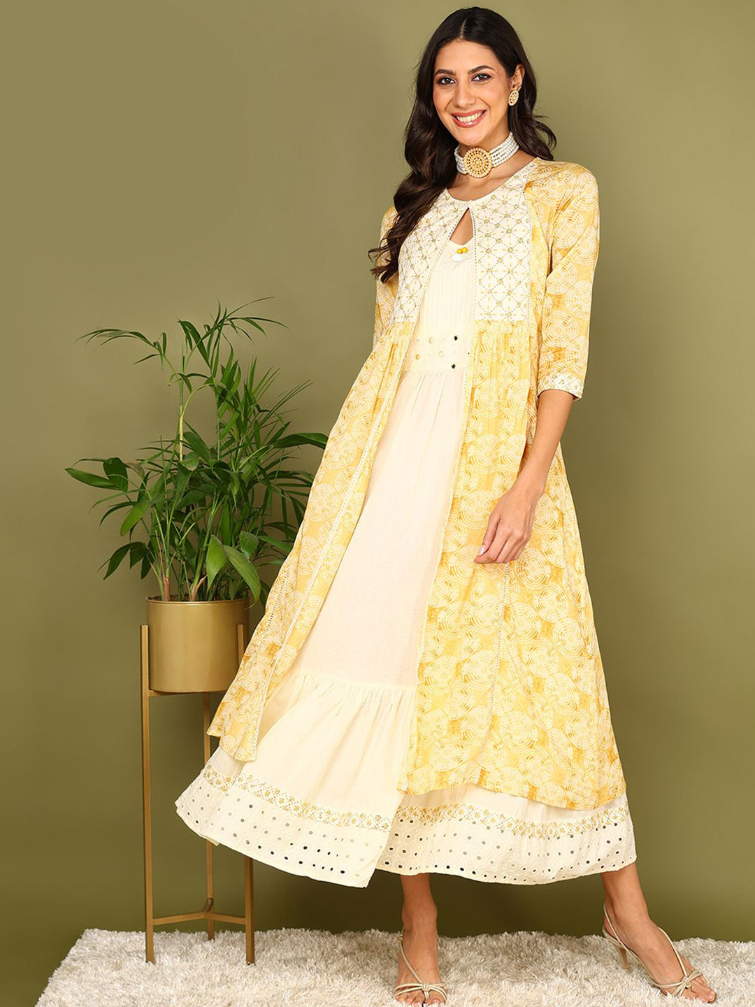

KALINI Ethnic Motifs Keyhole Neck Gotta Patti Cotton Anarkali Kurta, Yellow