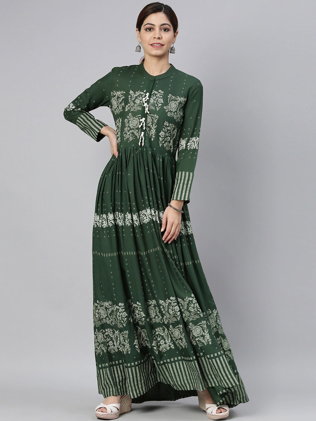 

KALINI Ethnic Motifs Printed Cotton Anarkali Kurta, Green