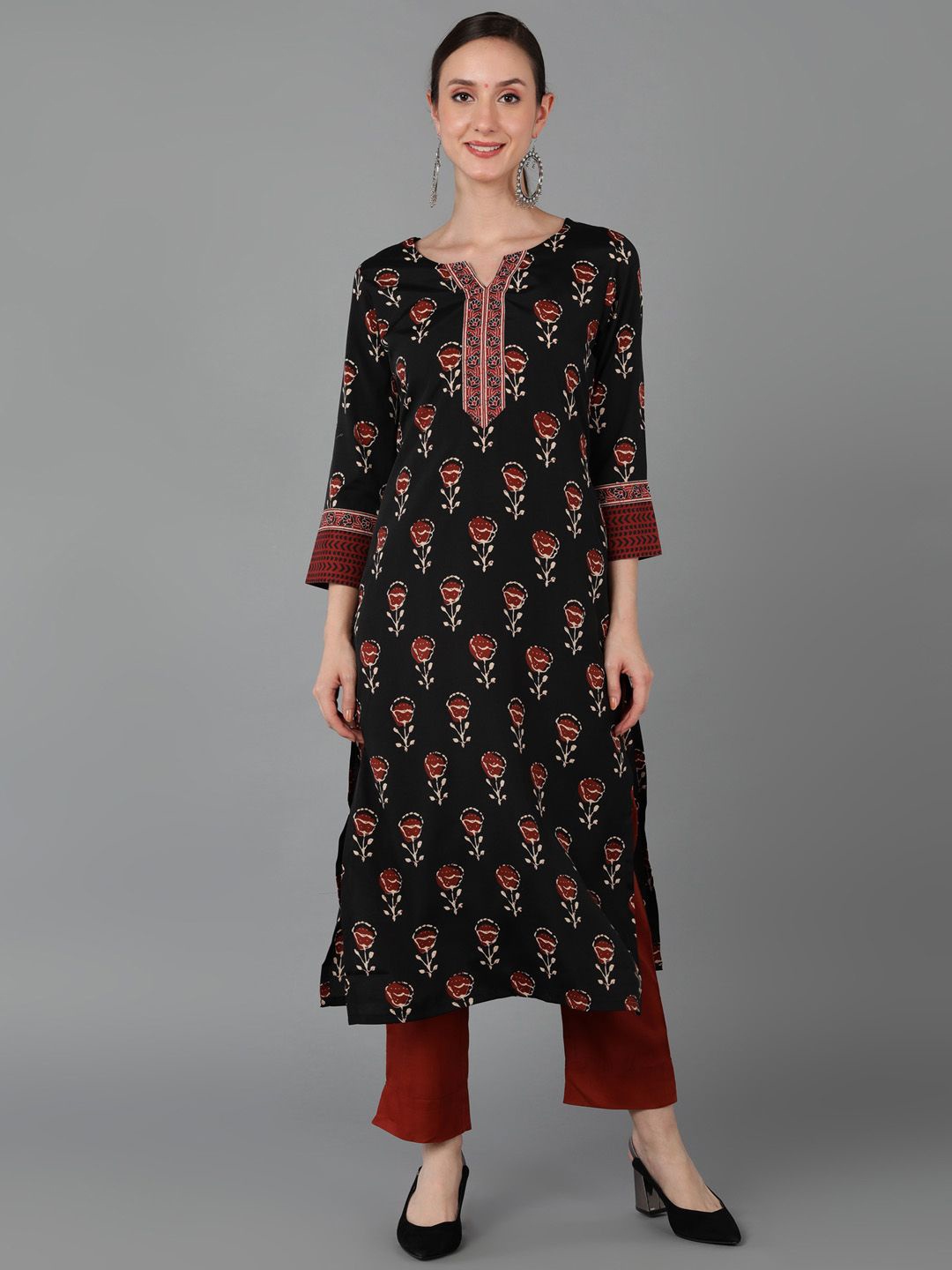 

KALINI Floral Printed Straight Kurta, Black