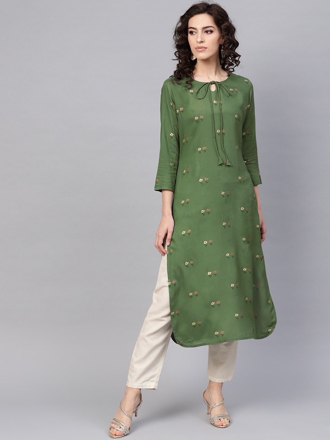 

KALINI Floral Printed Tie Up Neck Cotton Thread Work Kurta, Green