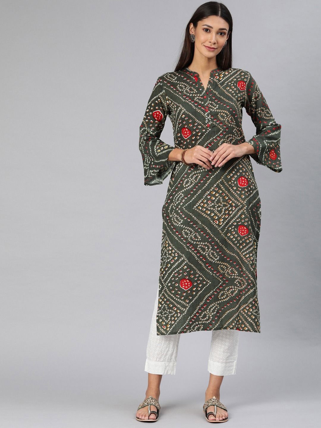 

KALINI Bandhani Printed band Collar Cotton Straight Kurta, Charcoal