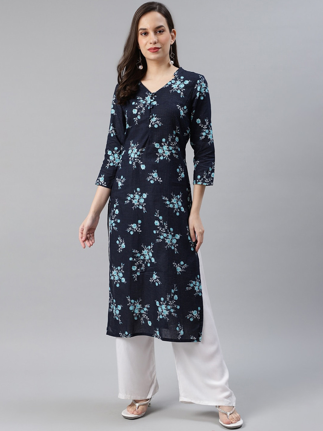 

KALINI Floral Printed V-Neck Cotton Straight Kurta, Navy blue