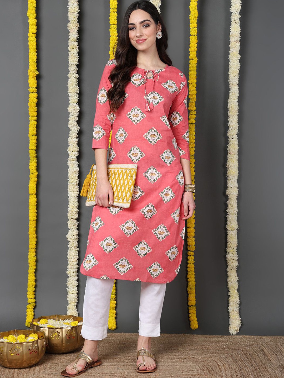 

KALINI Floral Printed Tie-Up Neck Cotton Straight Kurta, Pink