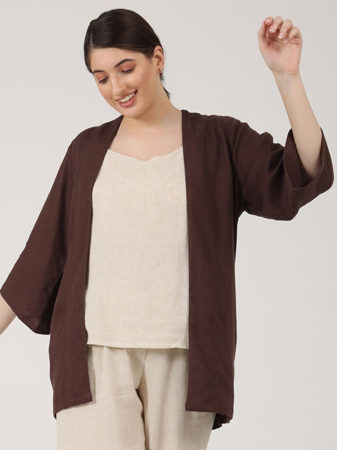 

Saltpetre Organic cotton Three quarter sleeves Open Front Shrug, Coffee brown