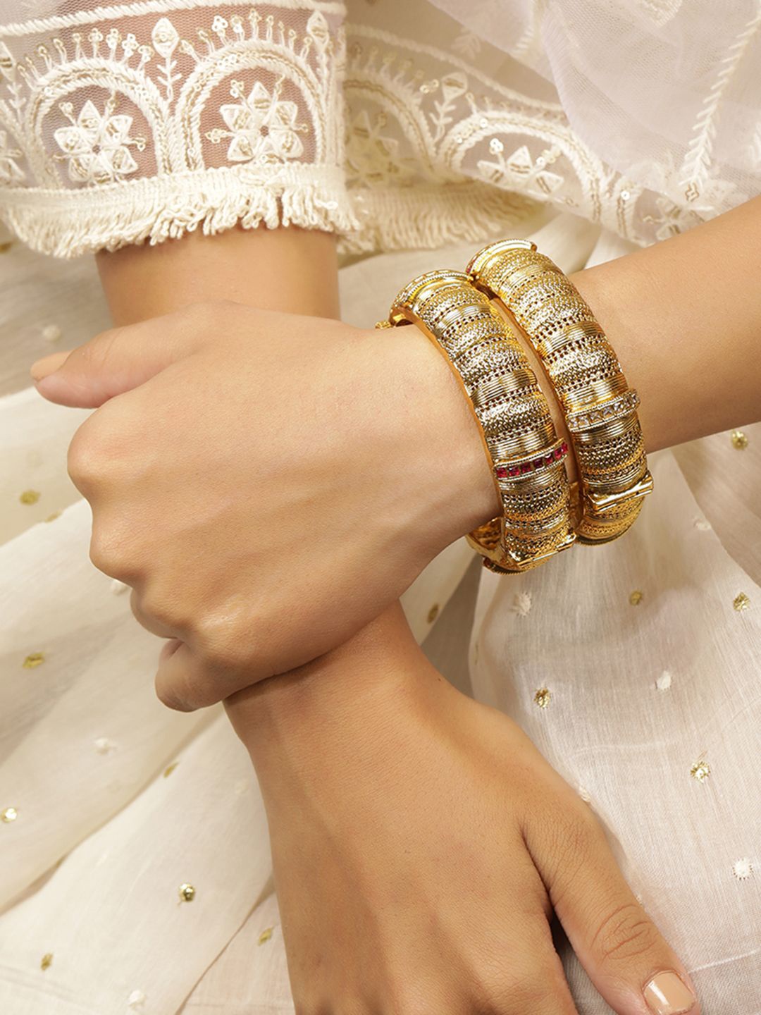 

rubans LUXURY Set Of 2 22KT Gold Plated Stone-Studded Temple Bangles
