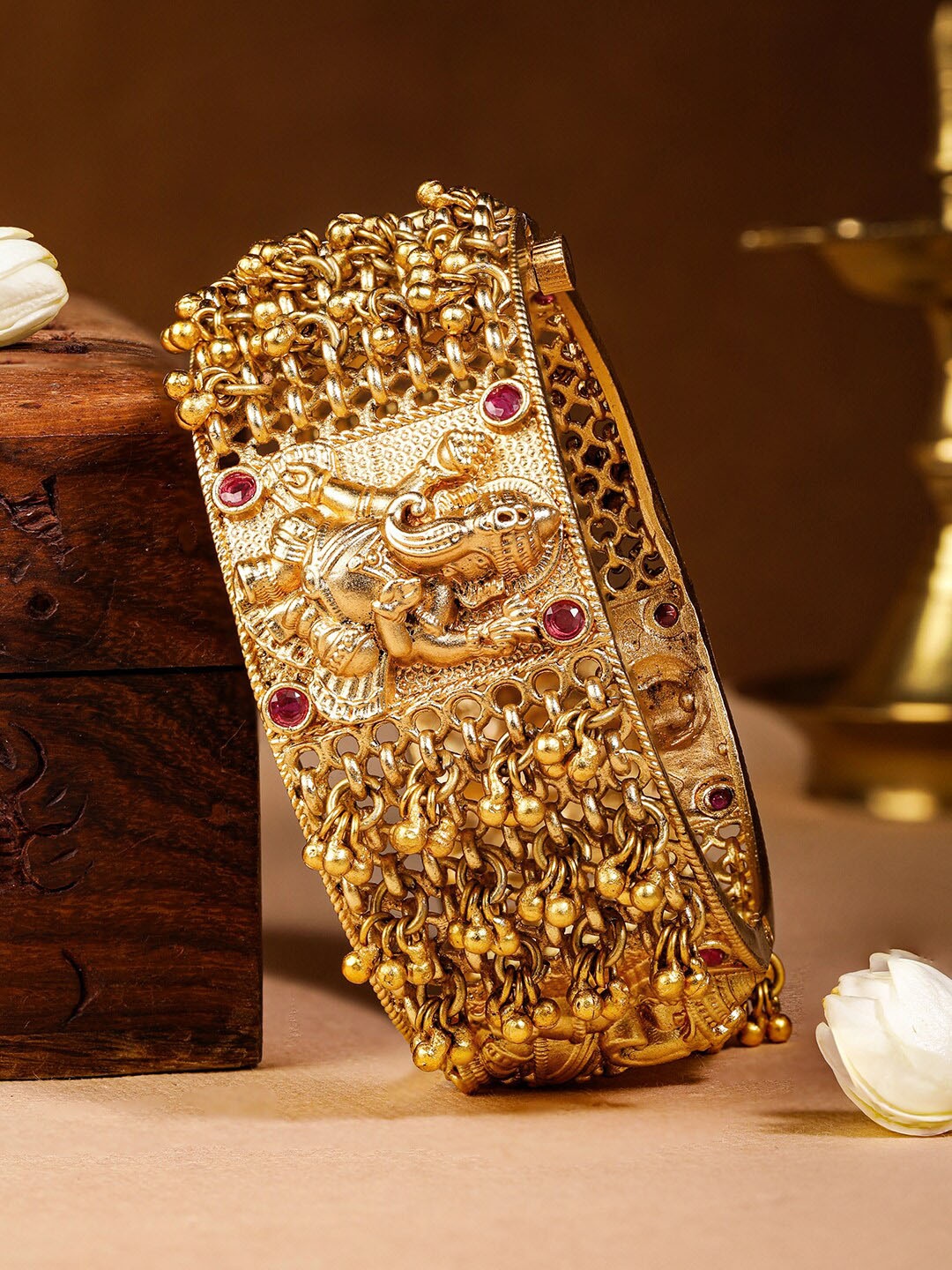 

rubans LUXURY 22KT Gold Plated Ghungroo Stone Studded Ganesha Motif Temple Bangle