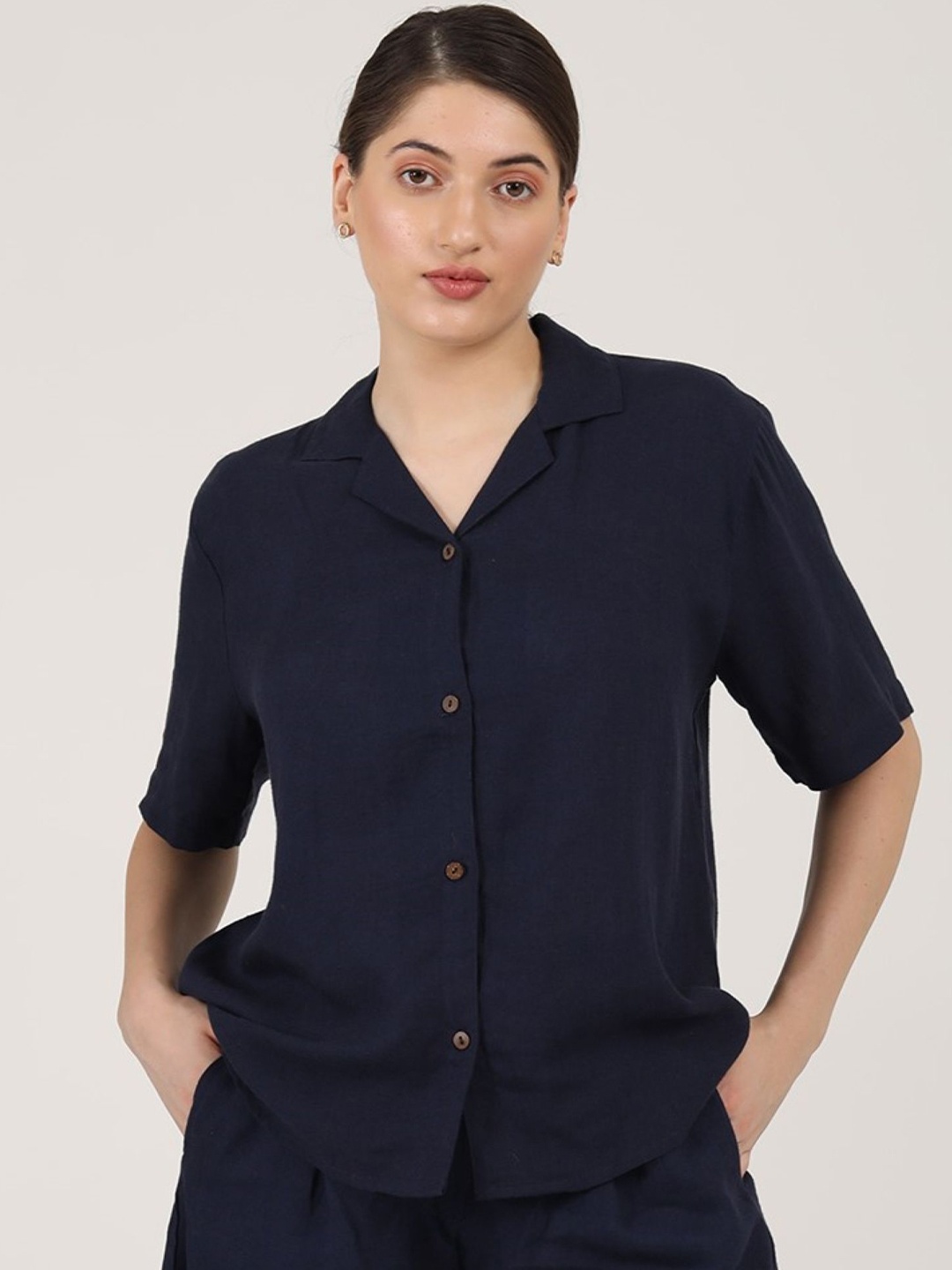 

Saltpetre Comfort Relaxed Fit Cuban Collar Linen Shirt, Navy blue