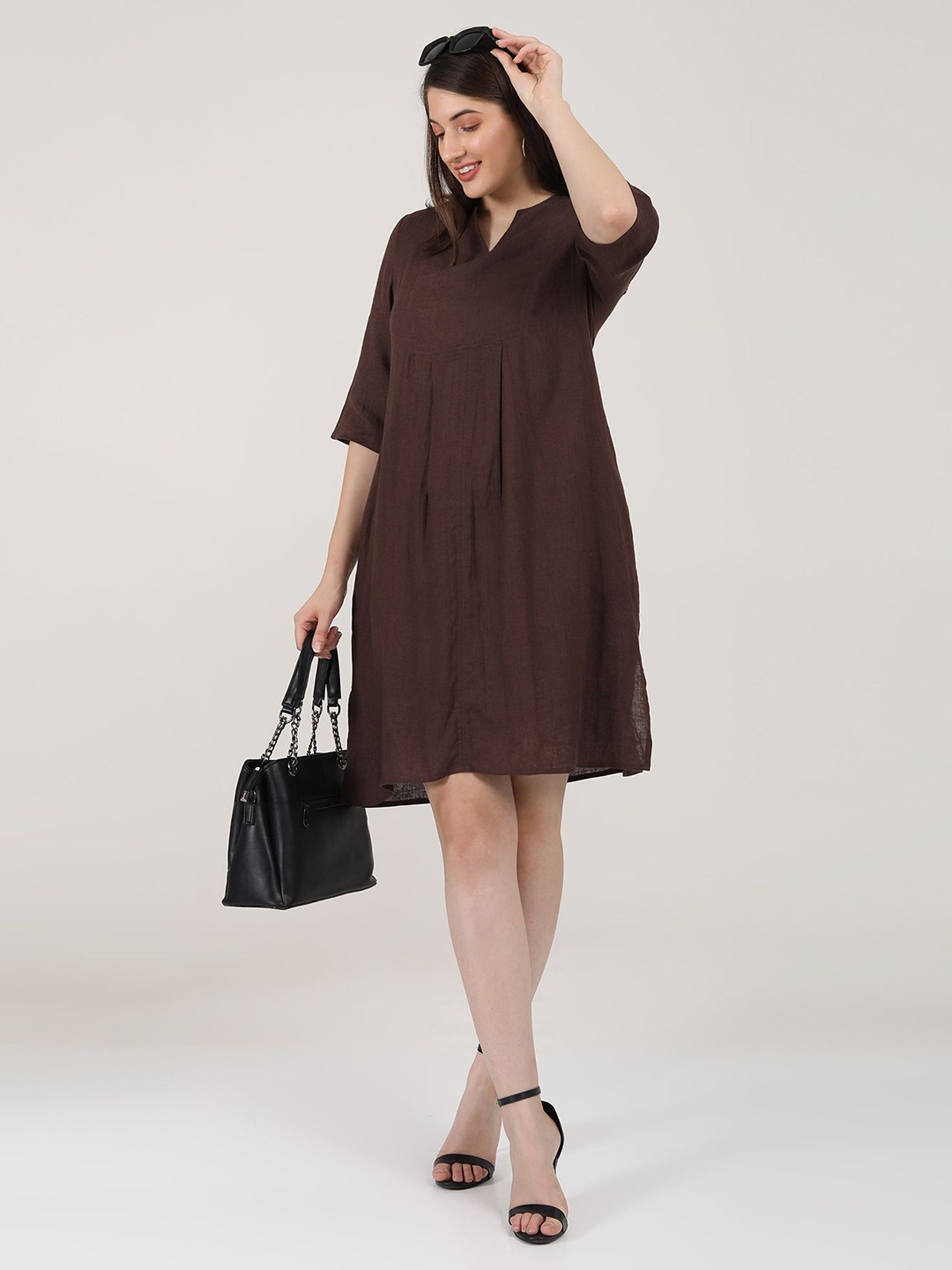 

Saltpetre Women Notch Neck Pleated Semi Sheer Linen A-Line Dress, Coffee brown