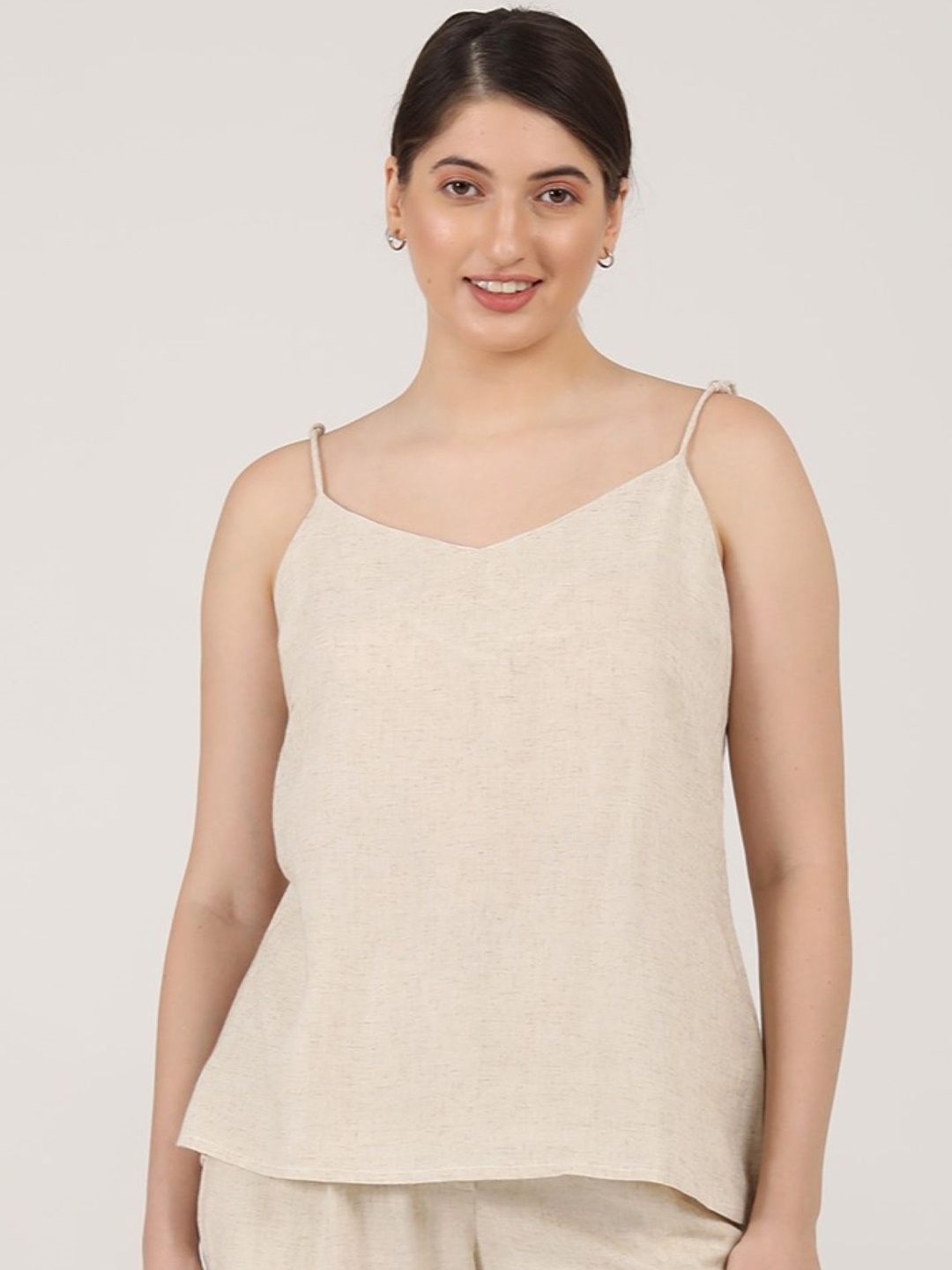 

Saltpetre Shoulder Straps Sleeveless Linen Top, Beige