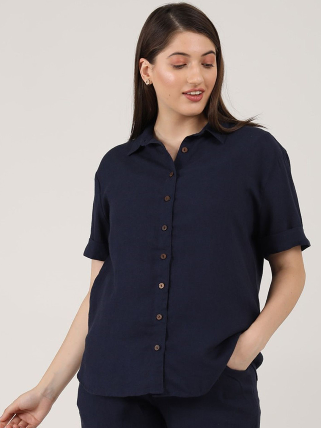 

Saltpetre Comfort Relaxed Fit Spread Collar Linen Shirt, Navy blue