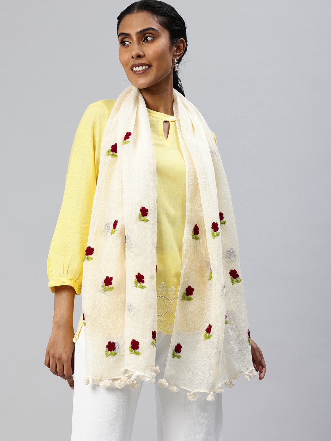 

swatika Women Embroidered Linen Stole, Cream