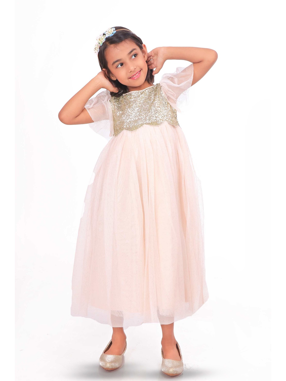 

Miyo Girls Embellished Round Neck Short Flared Sleeves Fit & Flare Mini Dress, Pink