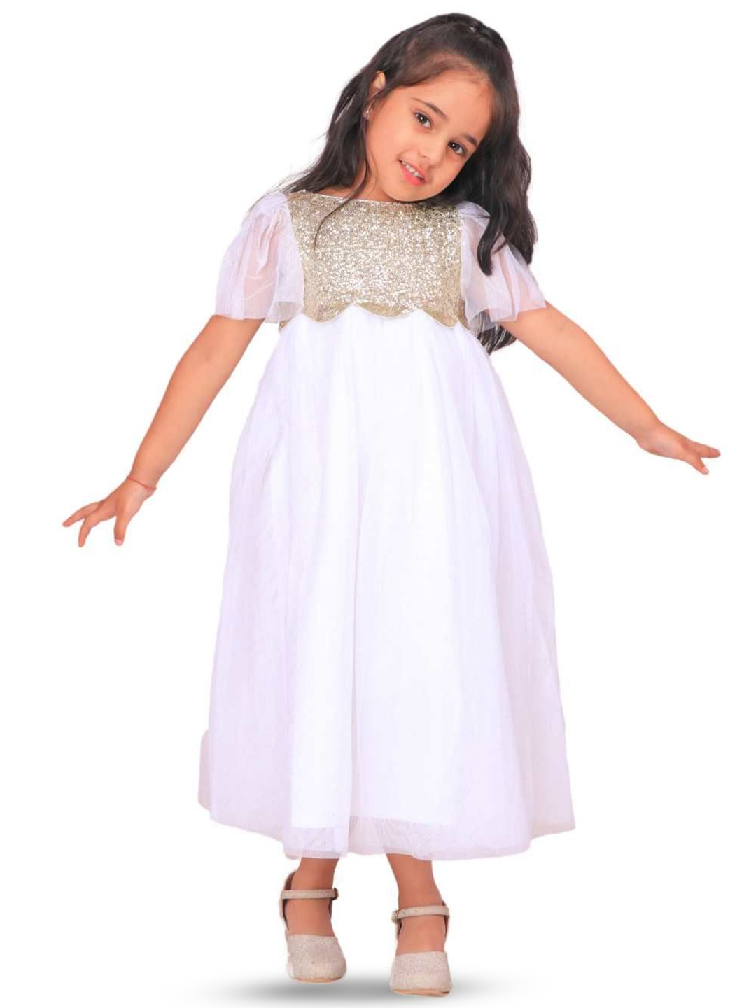 

Miyo Girls Round Neck Short Flared Sleeves A-Line Dress, White