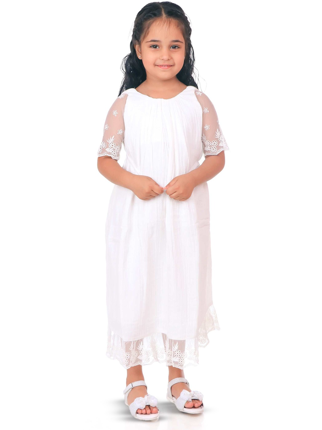 

Miyo Girls Round Neck Embroidered Net Short Sleeve A-Line Midi Dress, White