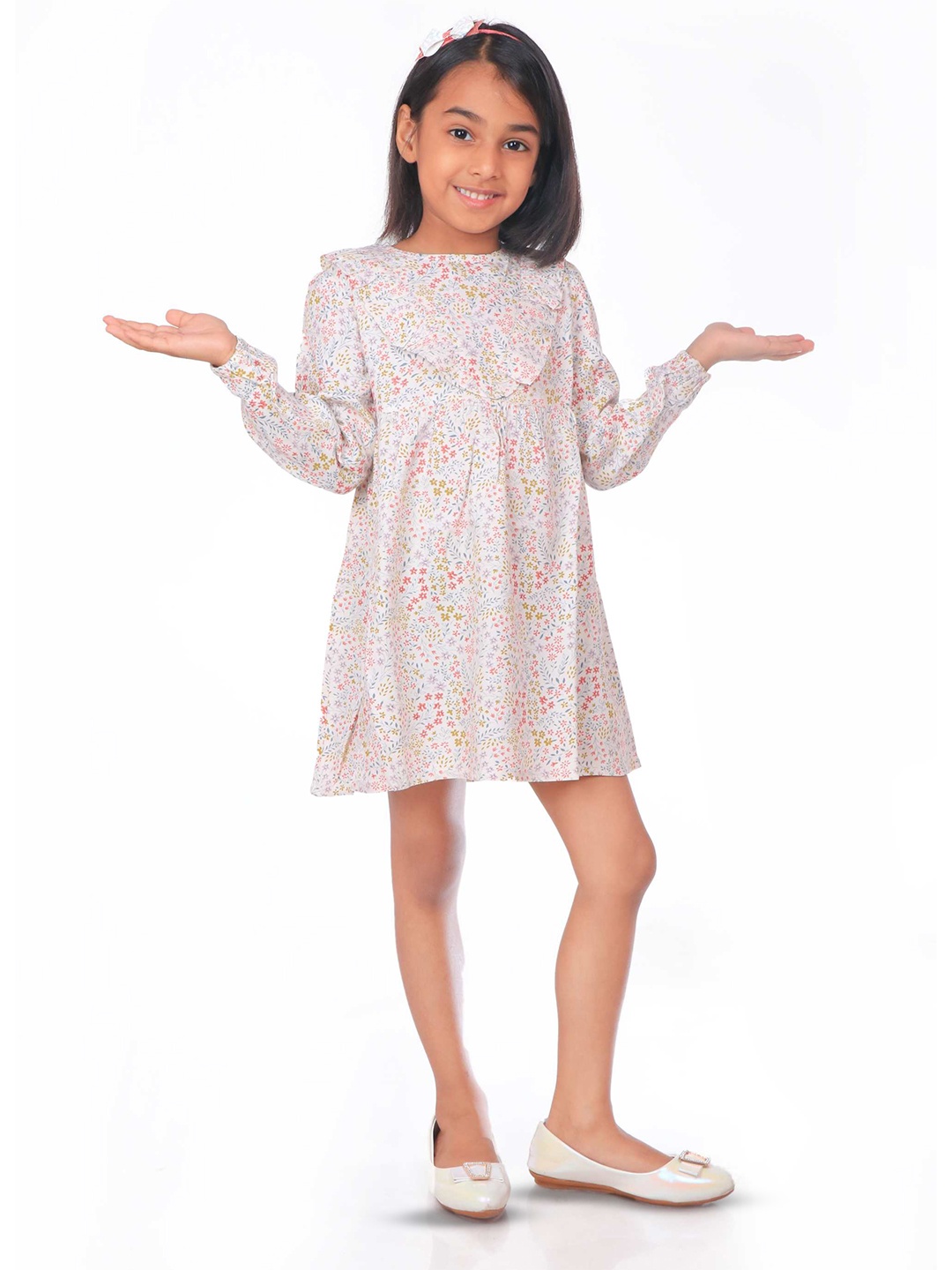 

Miyo Girls Ruffles Round Neck Long Sleeves Multicolour Floral Print A-Line Dress, Cream