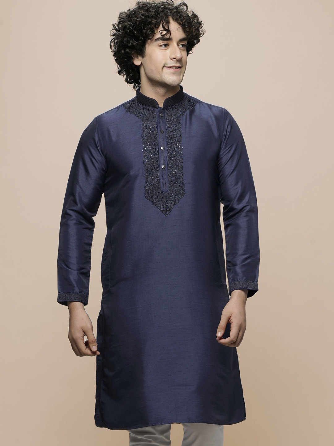 

MAAHI FABS Mandarin Collar Long Sleeves Sequined Embroidered Straight Kurta, Blue