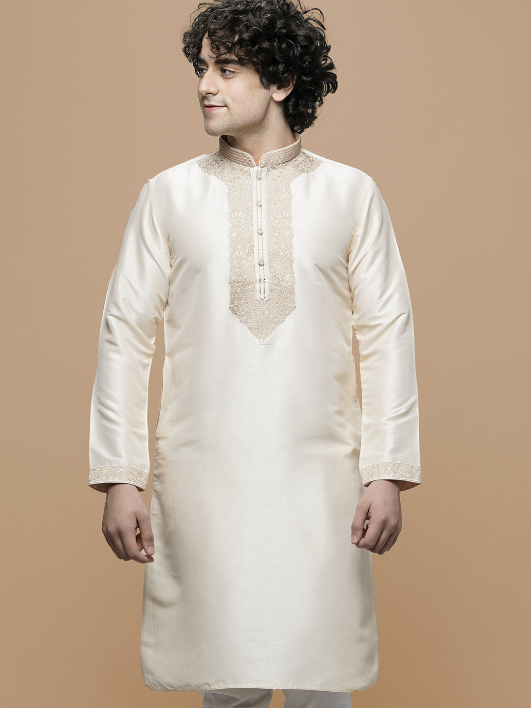 

MAAHI FABS Mandarin Collar Long Sleeves Sequined Embroidered Straight Kurta, Cream