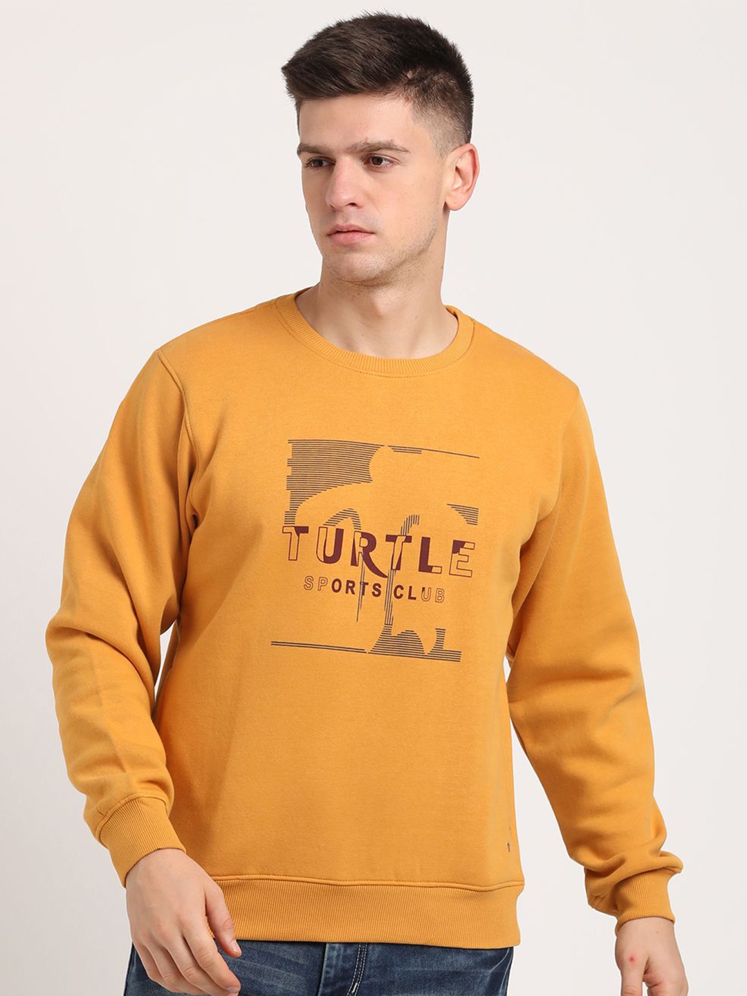 

Turtle Graphic Printed Round Neck Pullover Sweatshirt, Mustard