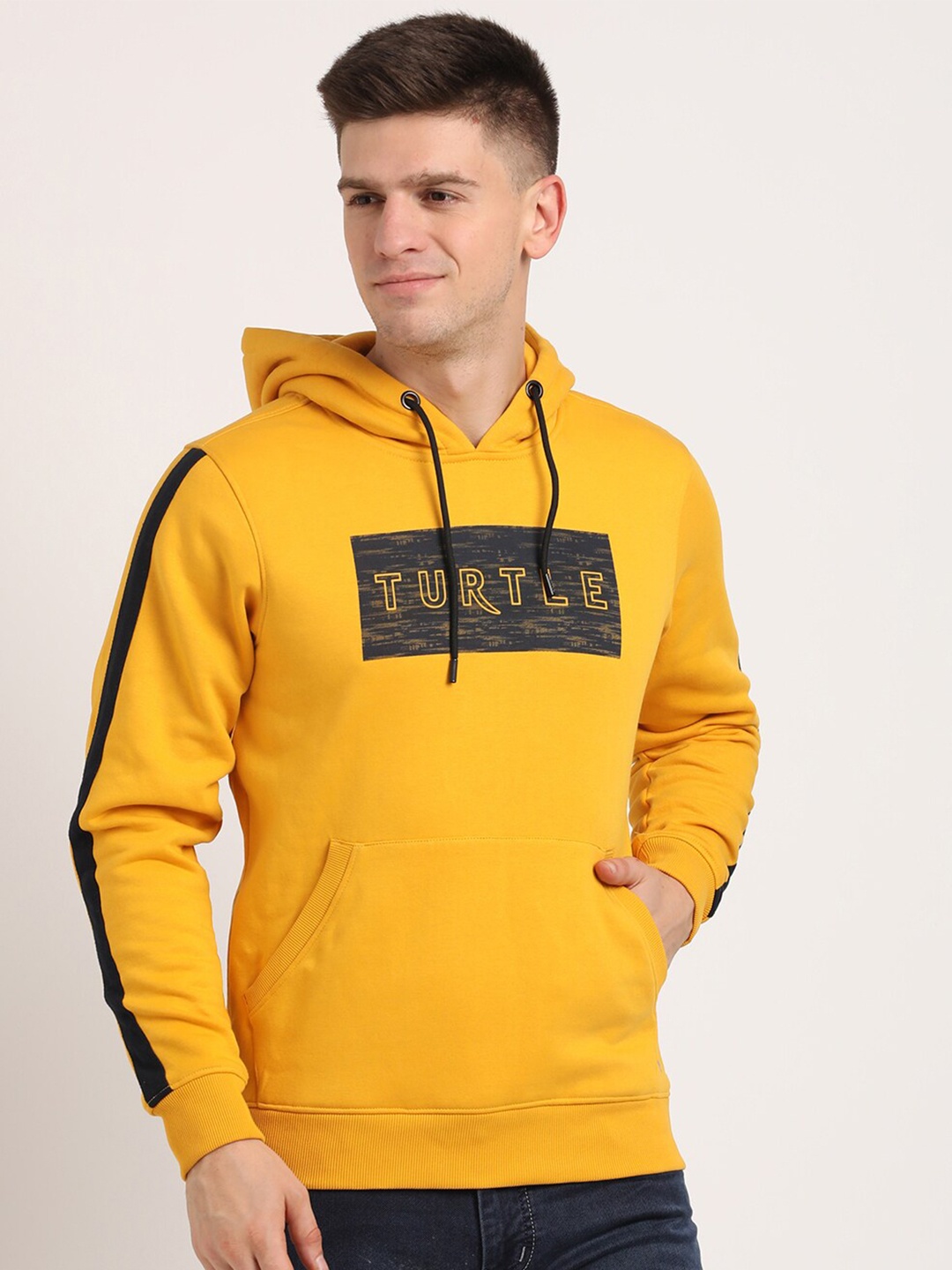 

Turtle Brand Logo Printed Hooded Long Sleeves Pullover Sweatshirt, Yellow
