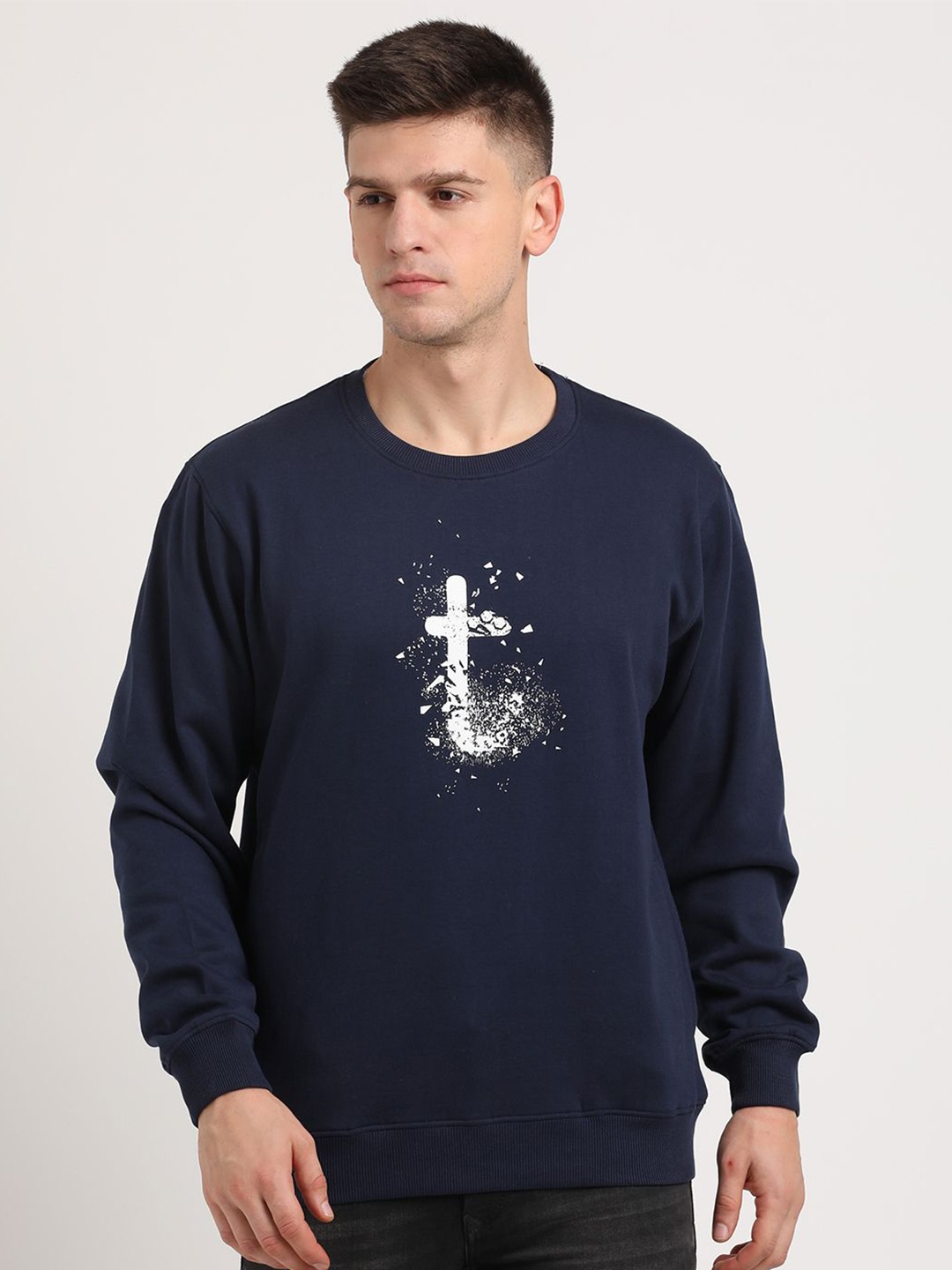 

Turtle Typography Printed Round Neck Cotton Pullover Sweatshirt, Navy blue