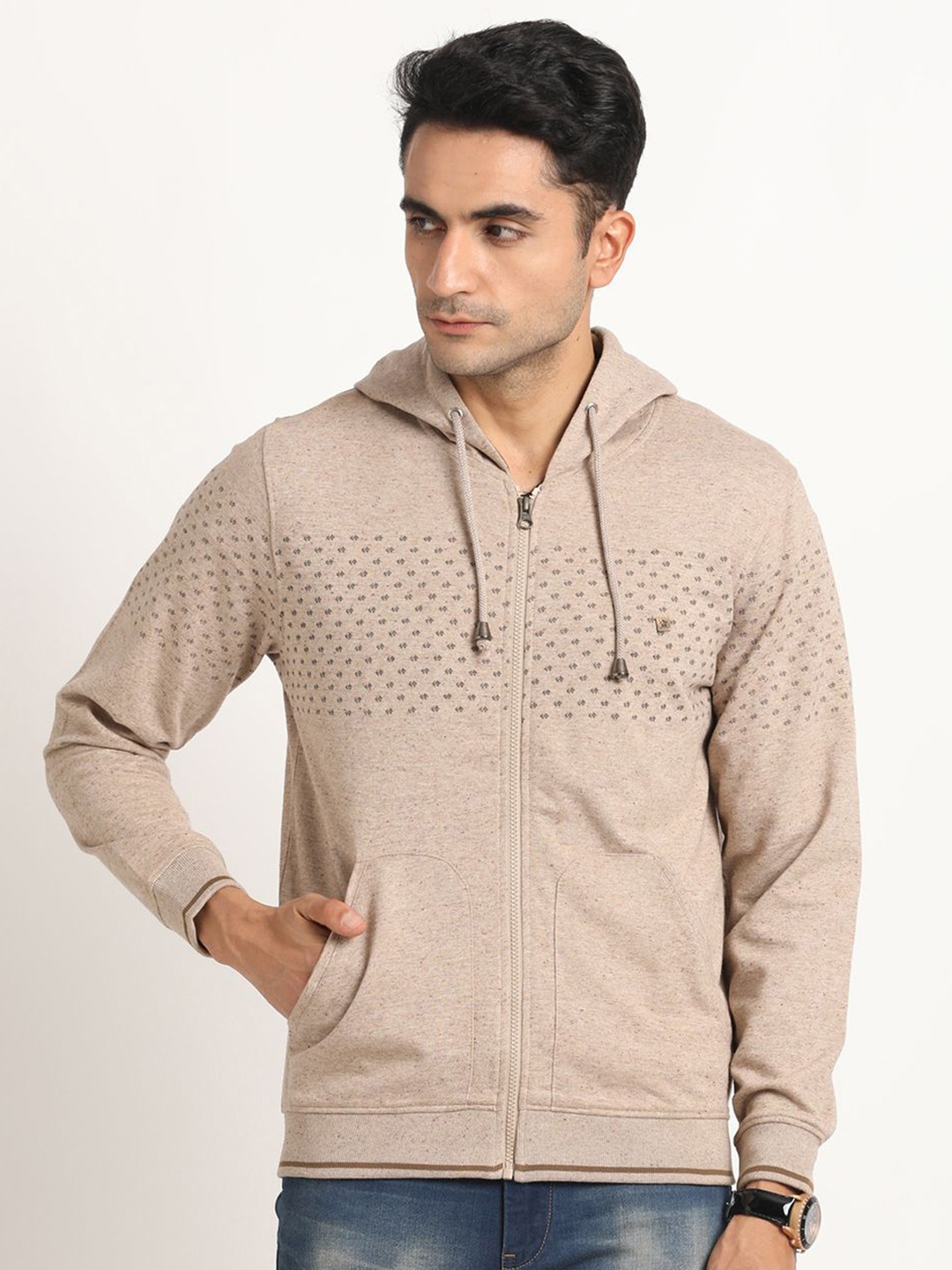 

Turtle Geometric Printed Hooded Pure Cotton Front-Open Sweatshirt, Beige