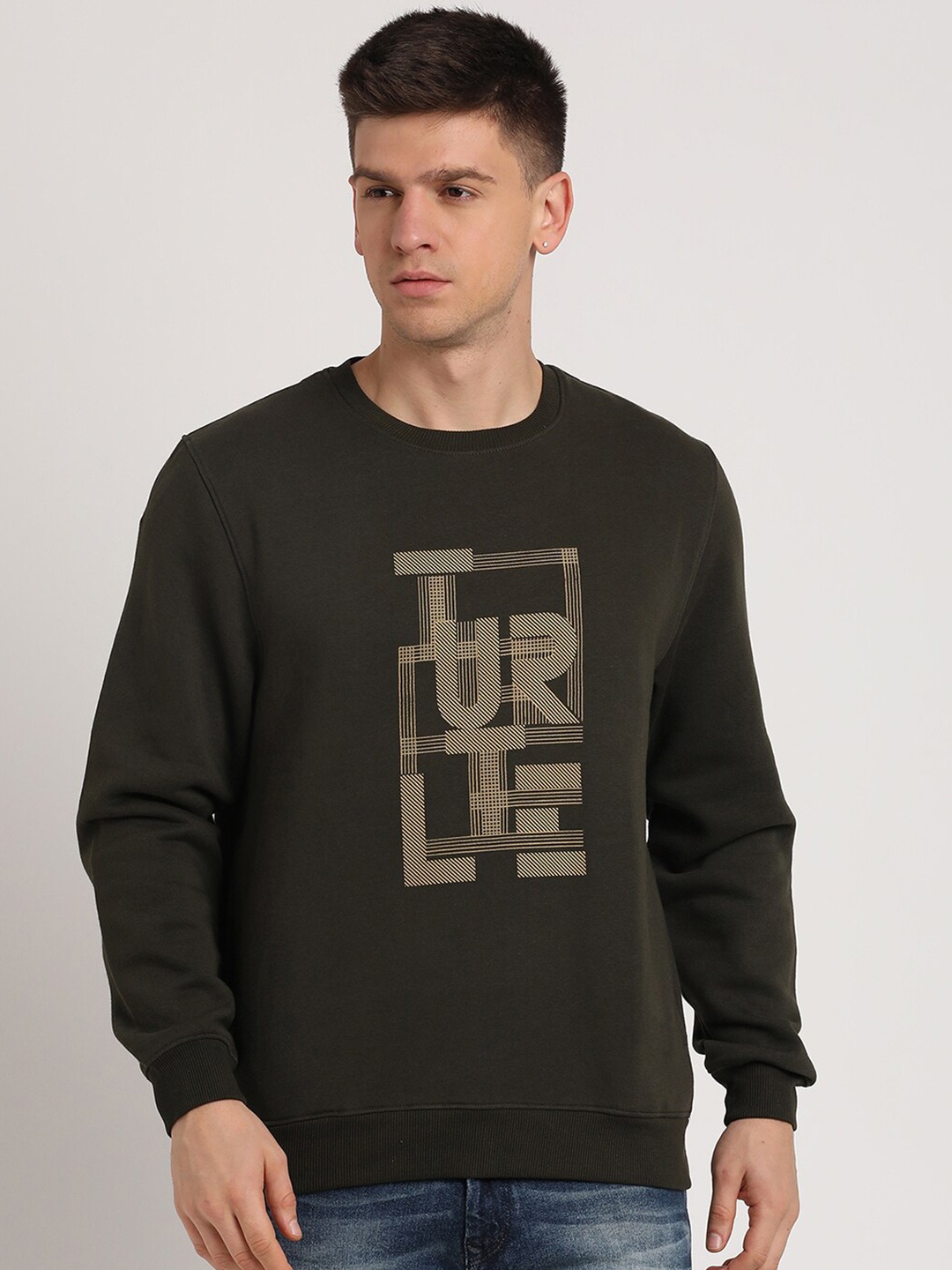 

Turtle Typography Printed Round Neck Long Sleeves Pullover Sweatshirt, Olive