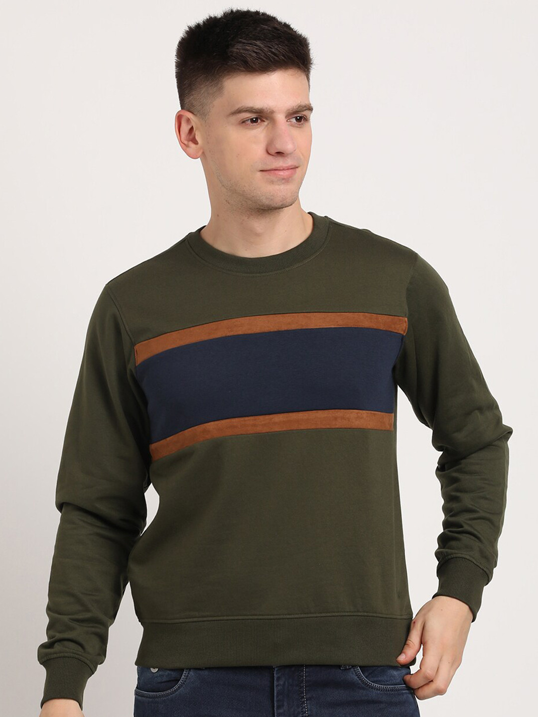 

Turtle Striped Round Neck Long Sleeves Cotton Pullover Sweatshirt, Olive