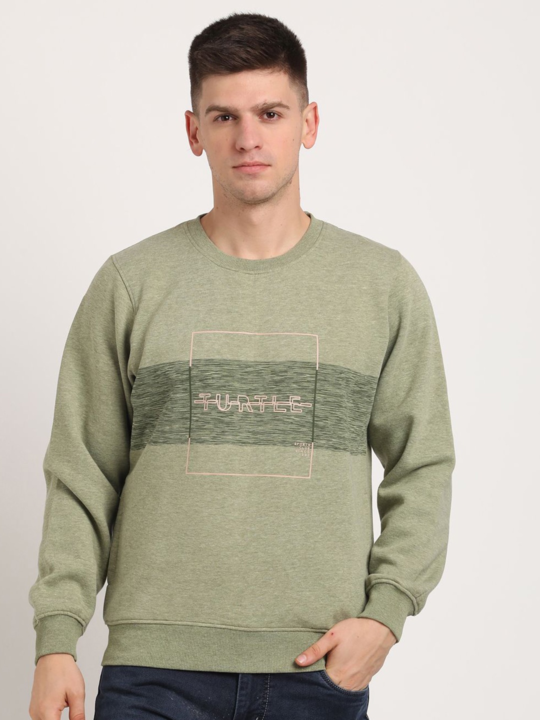 

Turtle Typography Printed Round Neck Pullover Sweatshirt, Green