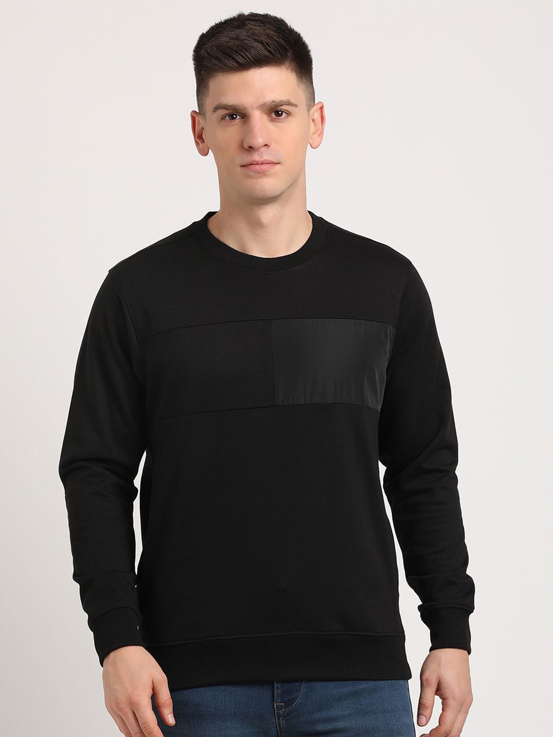 

Turtle Round Neck Long Sleeves Cotton Pullover Sweatshirt, Black