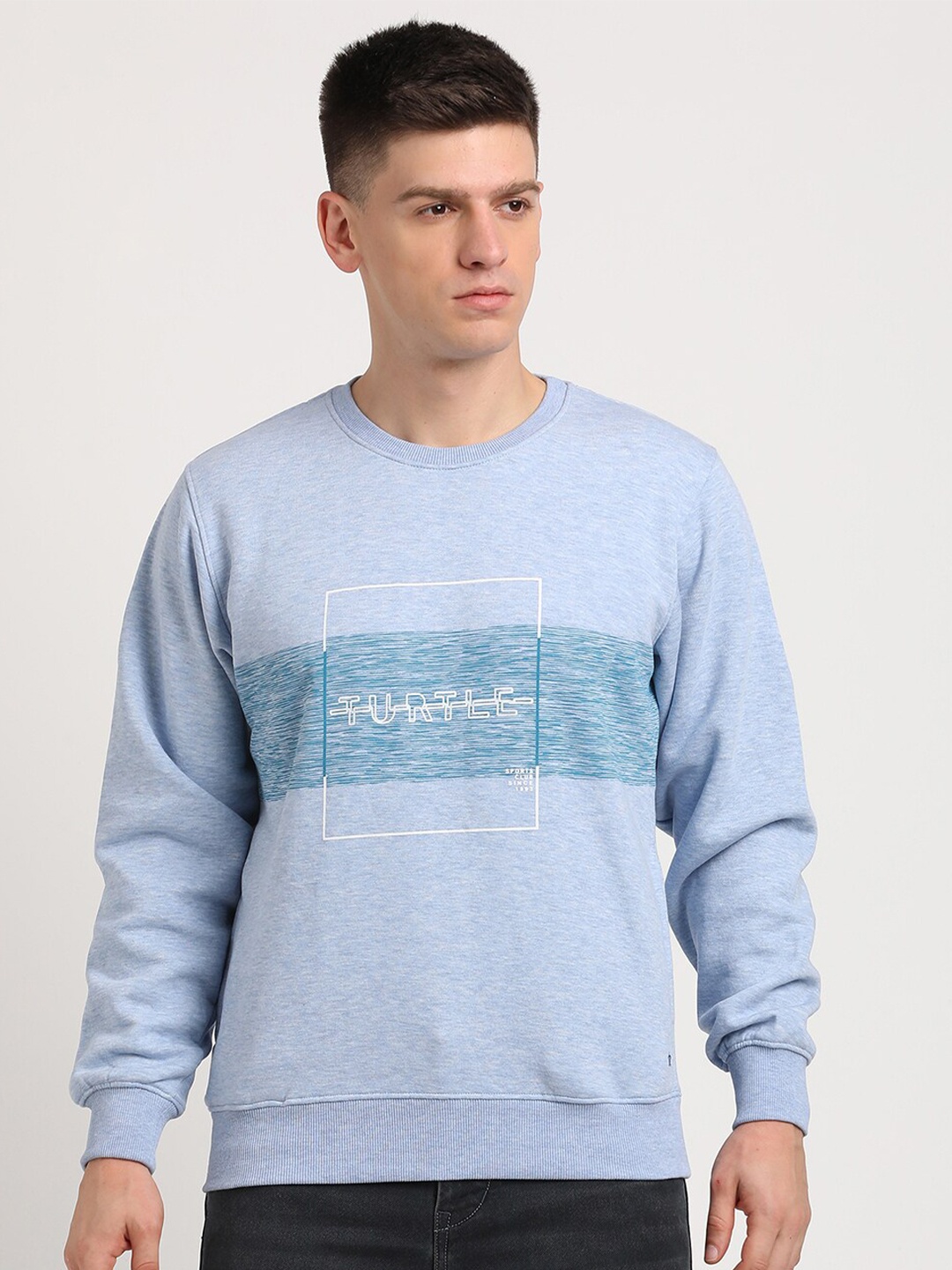 

Turtle Typography Printed Round Neck Pullover Sweatshirt, Blue