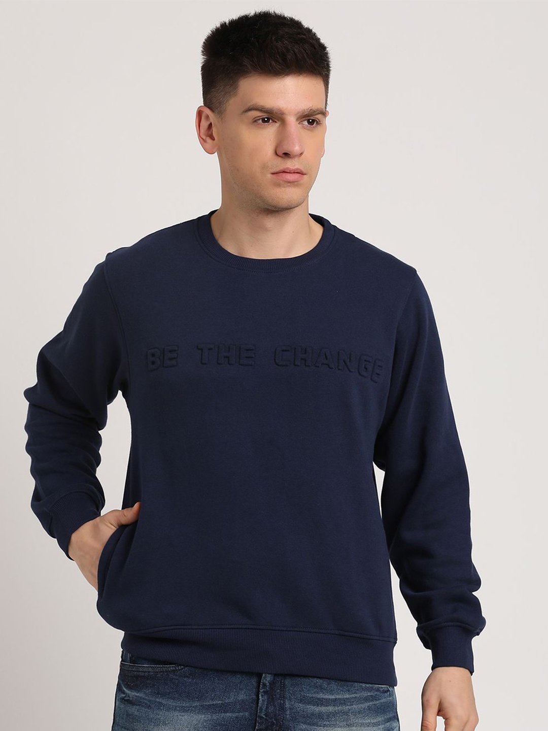 

Turtle Typography Printed Round Neck Cotton Pullover Sweatshirt, Navy blue