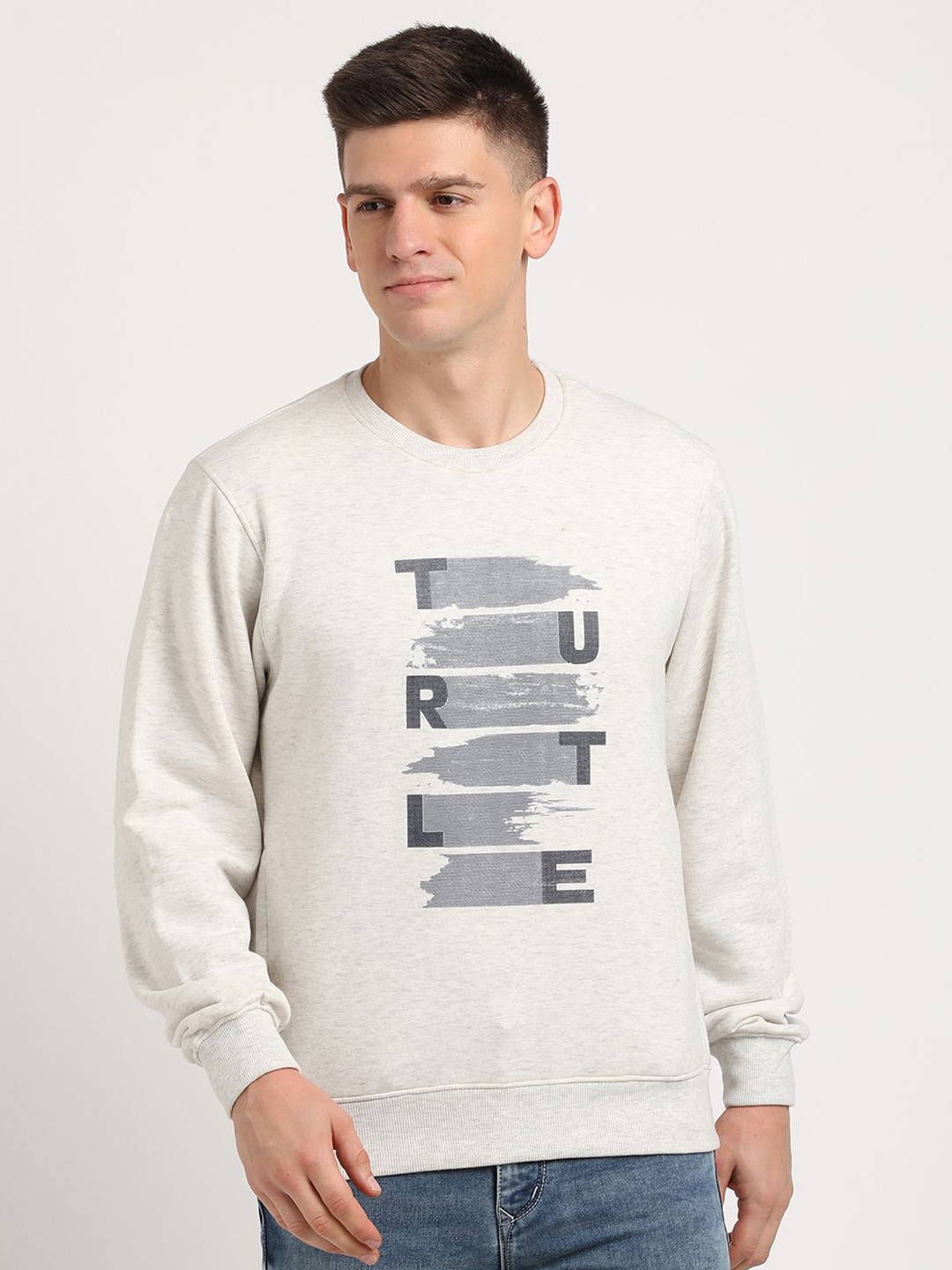 

Turtle Typography Printed Round Neck Pullover Sweatshirt, Off white