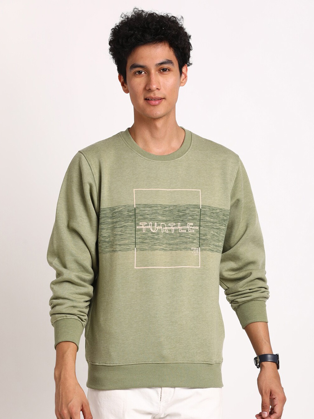 

Turtle Typography Printed Round Neck Pullover Sweatshirt, Olive