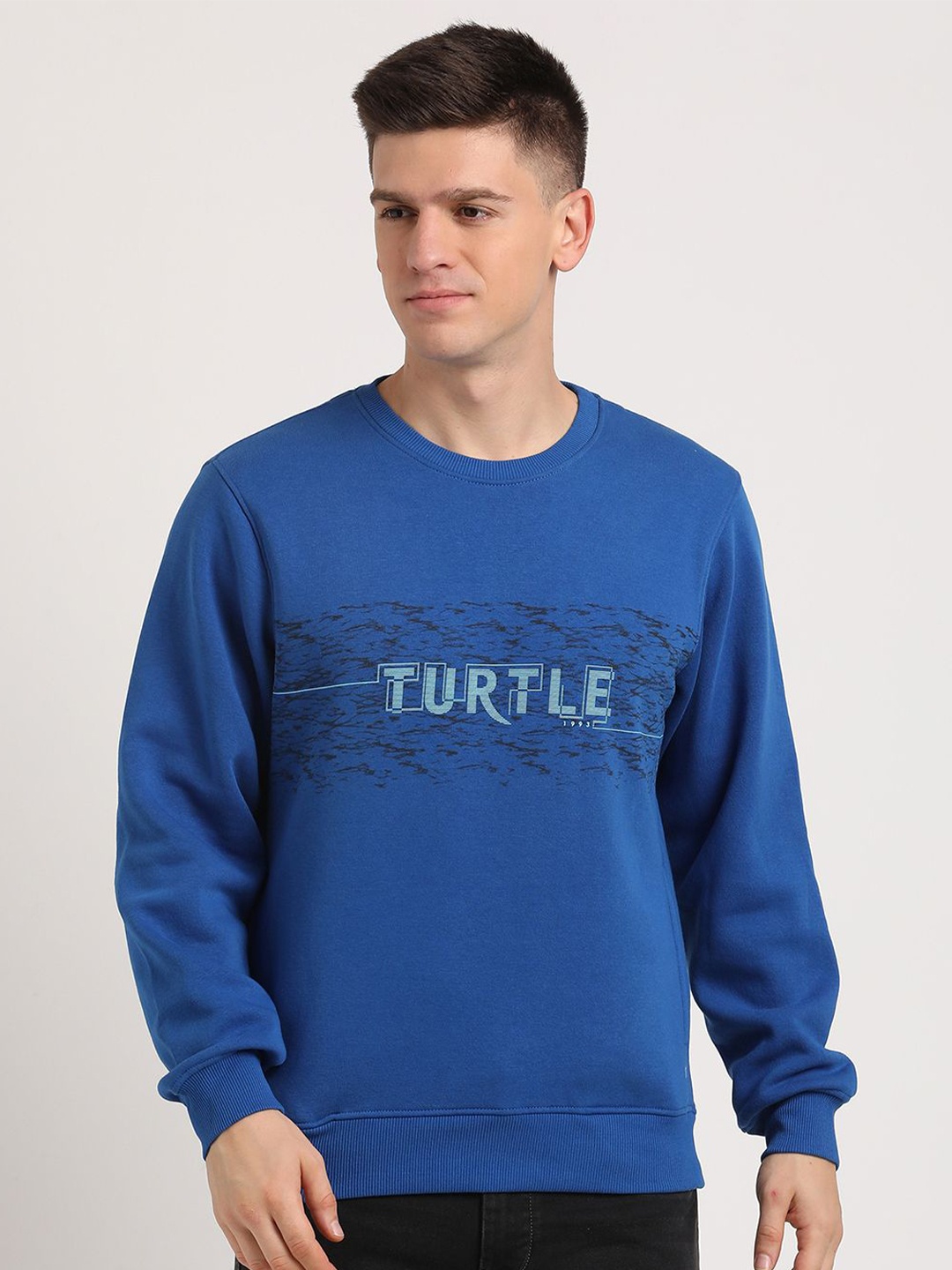 

Turtle Typography Printed Round Neck Pullover Sweatshirt, Blue