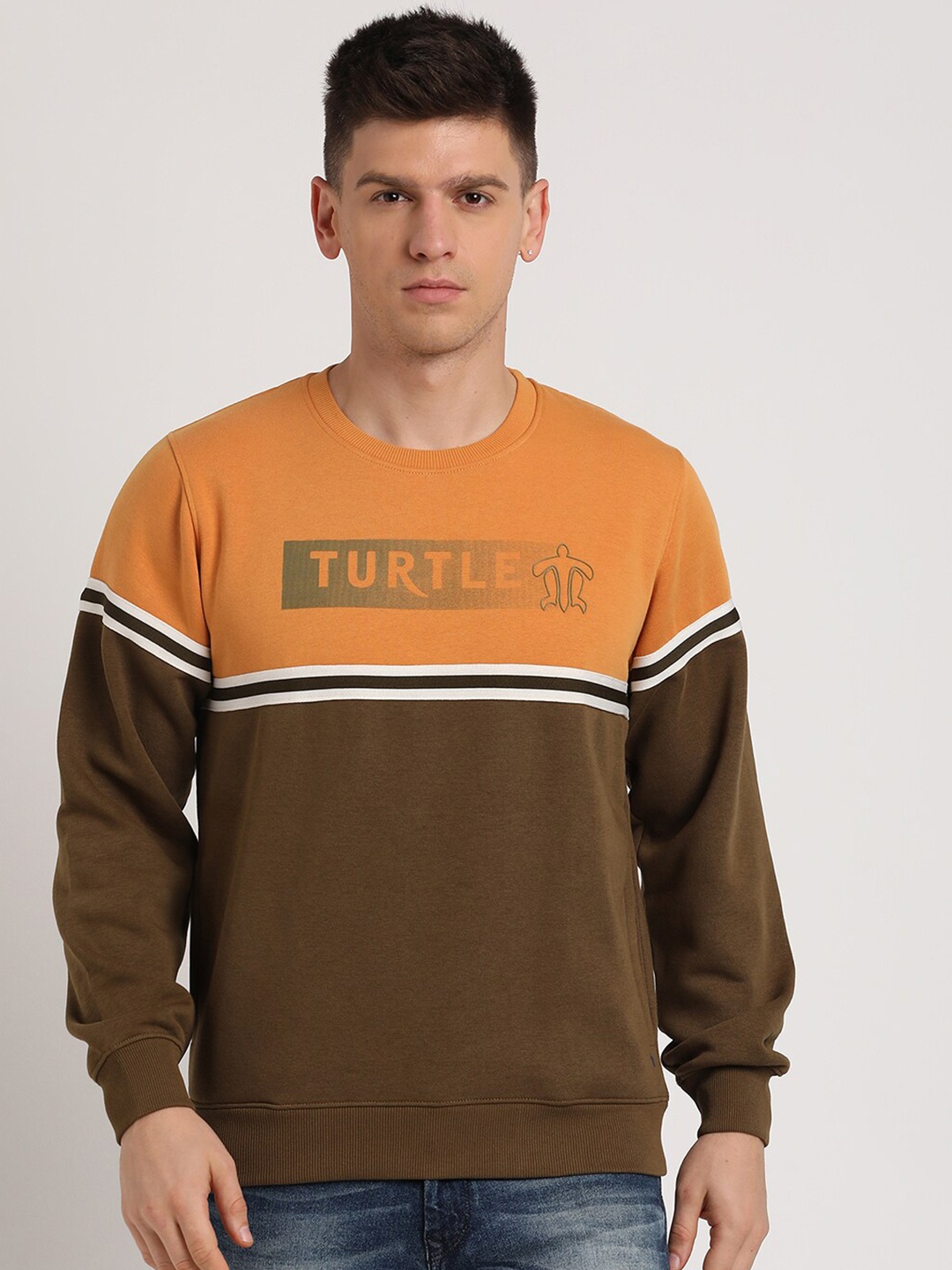 

Turtle Colourblocked Round Neck Long Sleeves Pullover Sweatshirt, Khaki