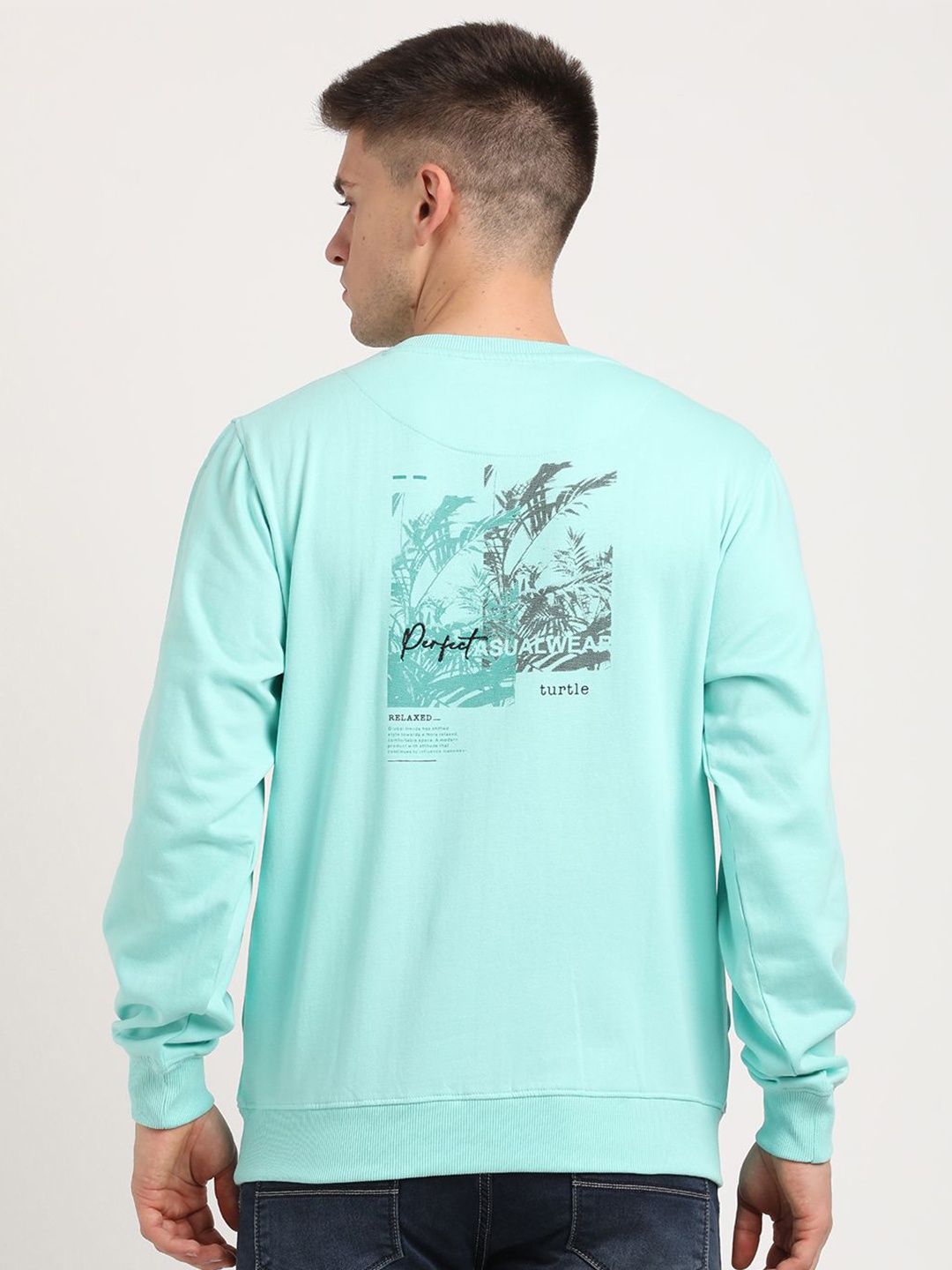 

Turtle Graphic Printed Round Neck Cotton Pullover Sweatshirt, Turquoise blue