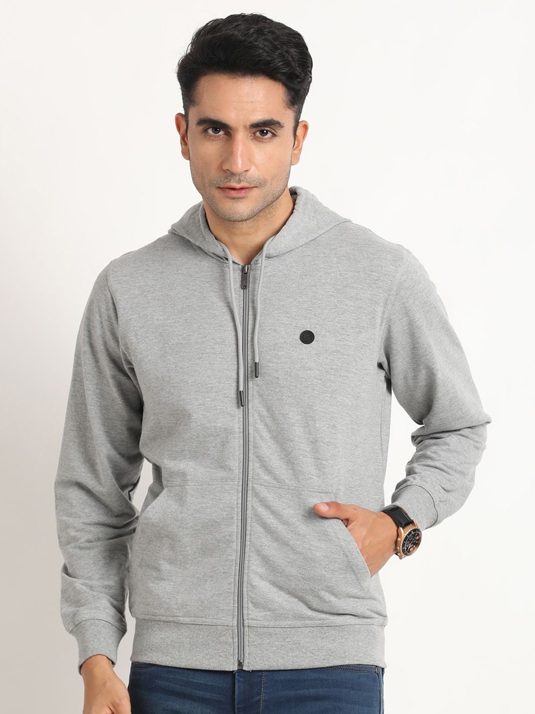 

Turtle Long Sleeves Hooded Front-Open Sweatshirt, Grey melange