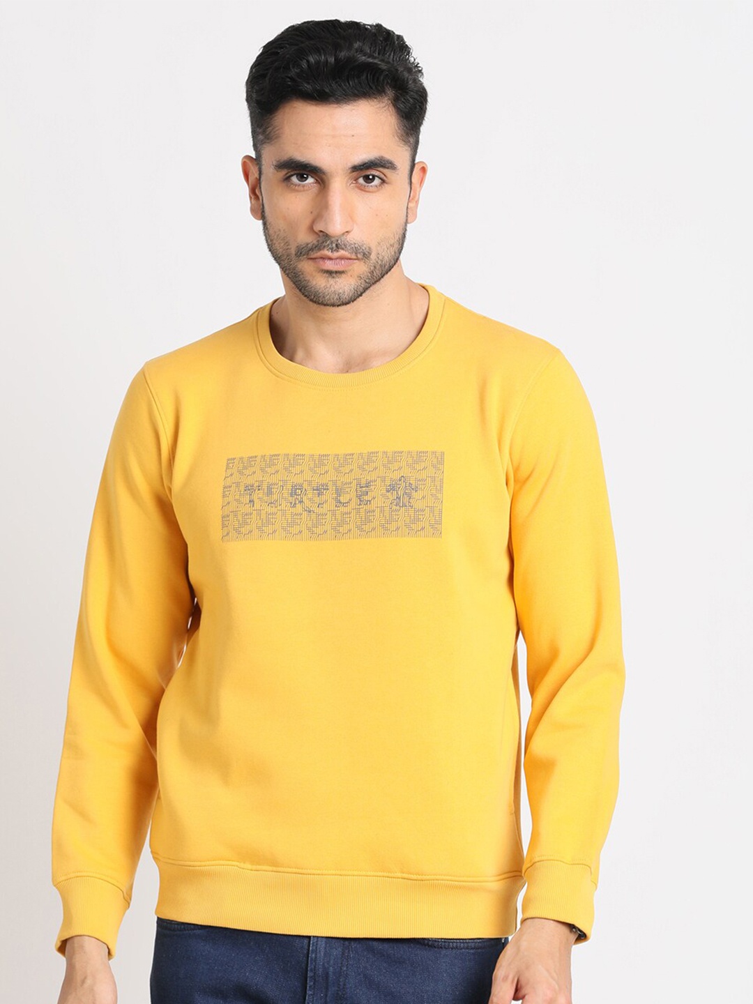 

Turtle Graphic Printed Round Neck Pullover Sweatshirt, Mustard