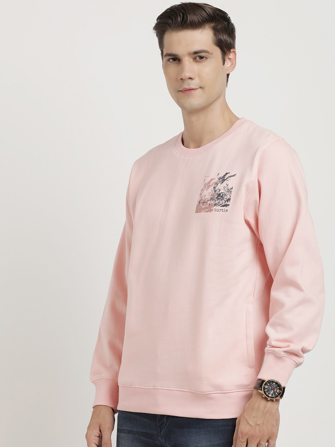 

Turtle Round Neck Long Sleeves Cotton Pullover Sweatshirt, Pink