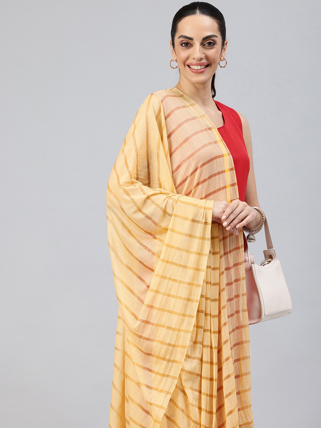 

swatika Striped Woven Design Dupatta, Cream