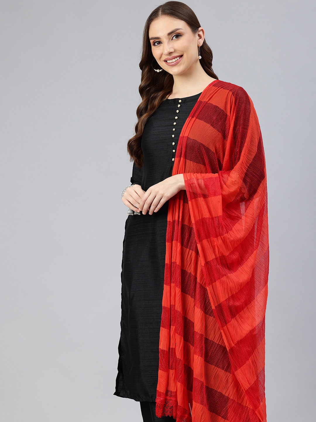 

swatika Striped Net Dupatta, Red