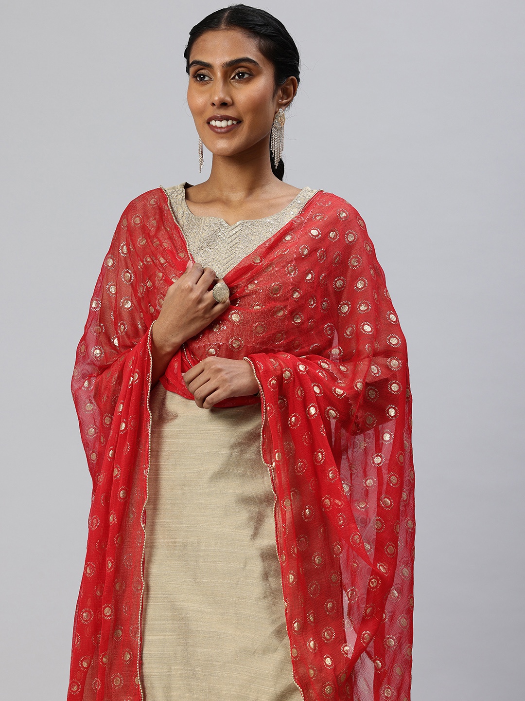 

swatika Printed Dupatta with Beads & Stones, Red