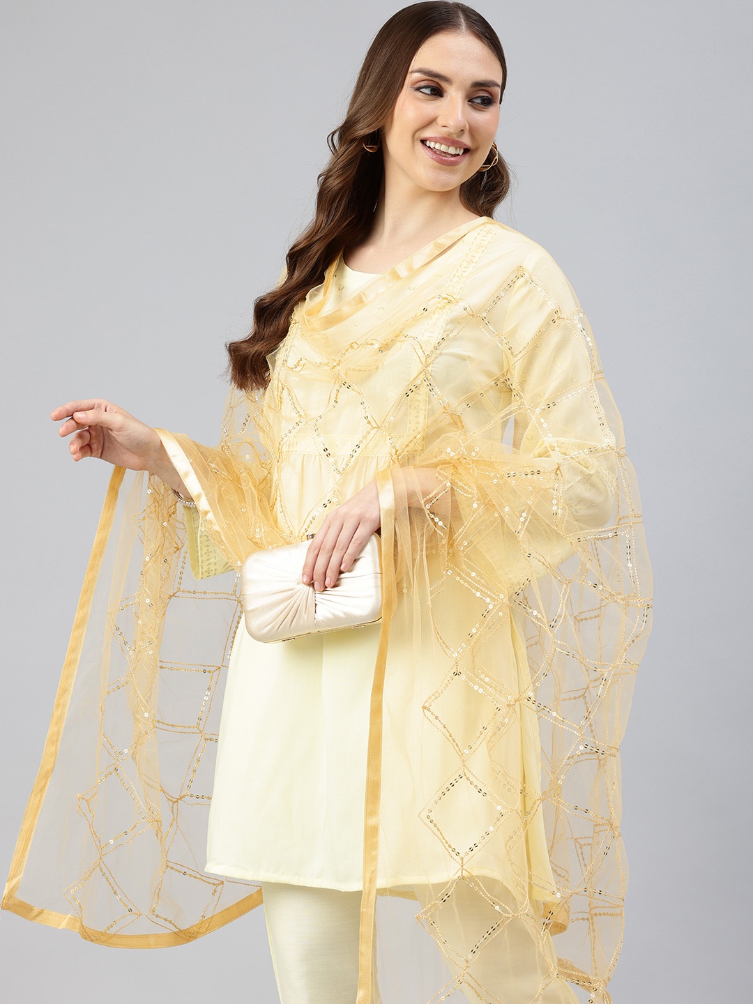 

swatika Embroidered Net Dupatta with Sequinned, Cream