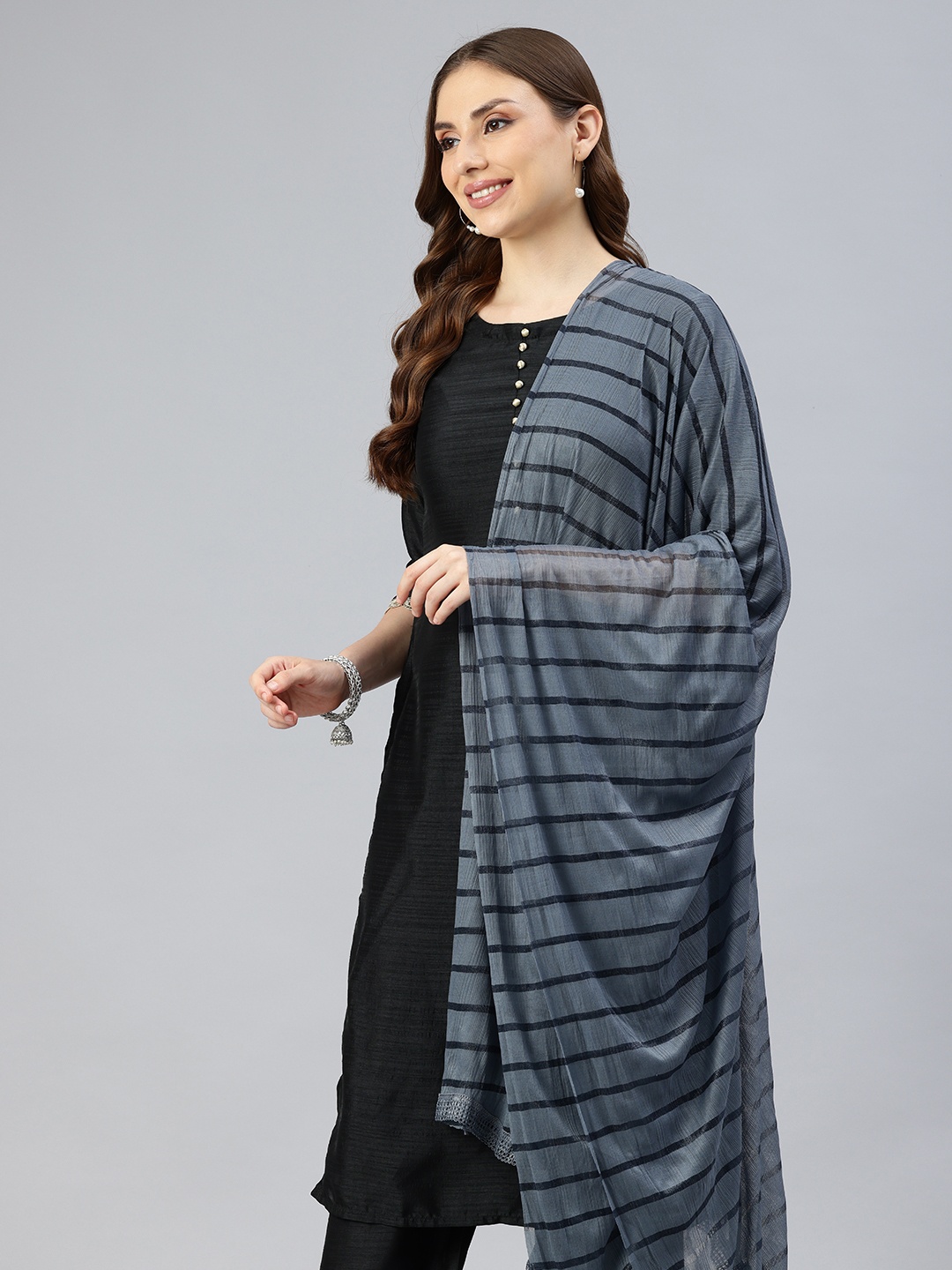

swatika Striped Net Dupatta, Grey