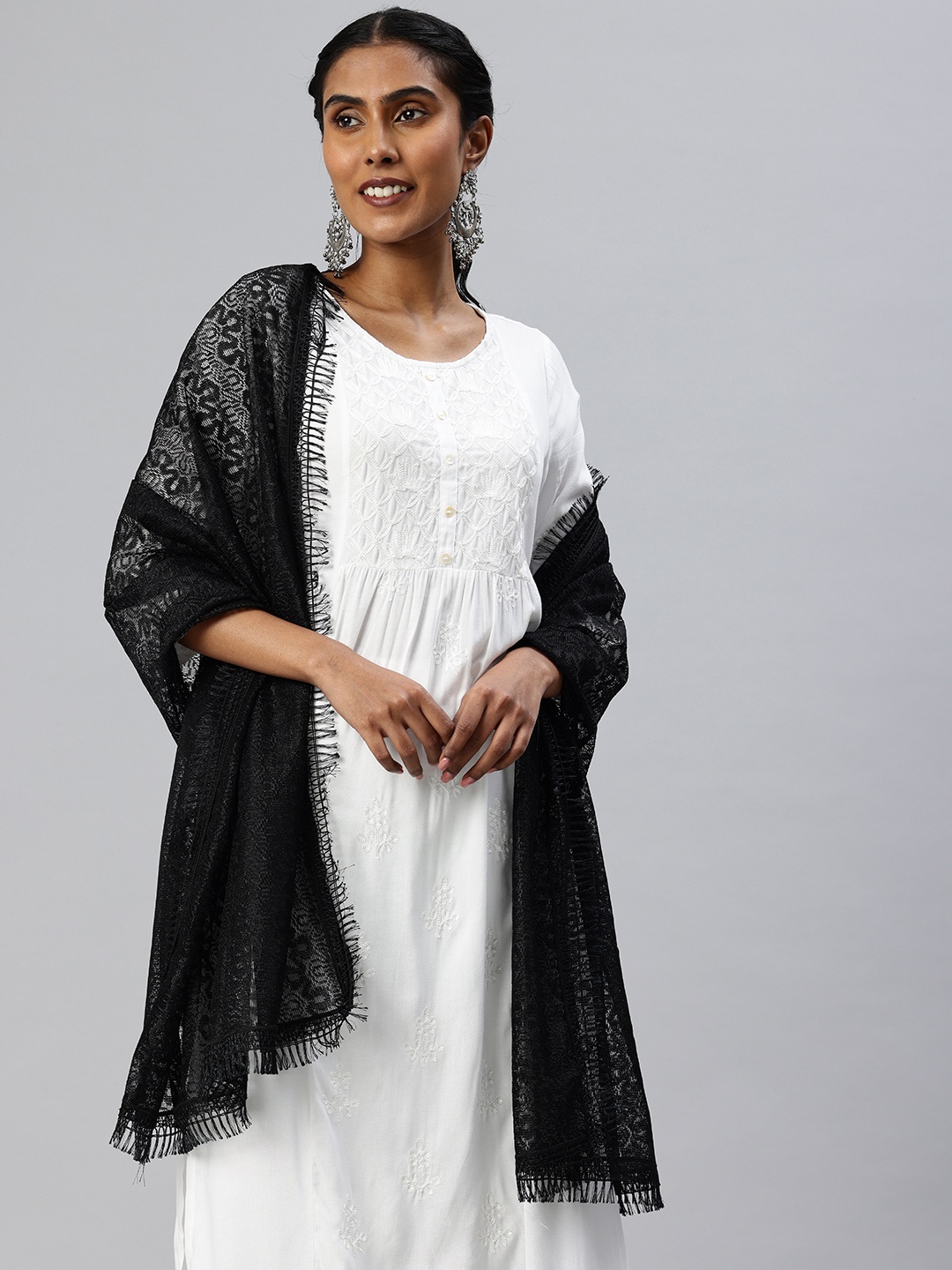 

swatika Woven Design Net Dupatta, Black