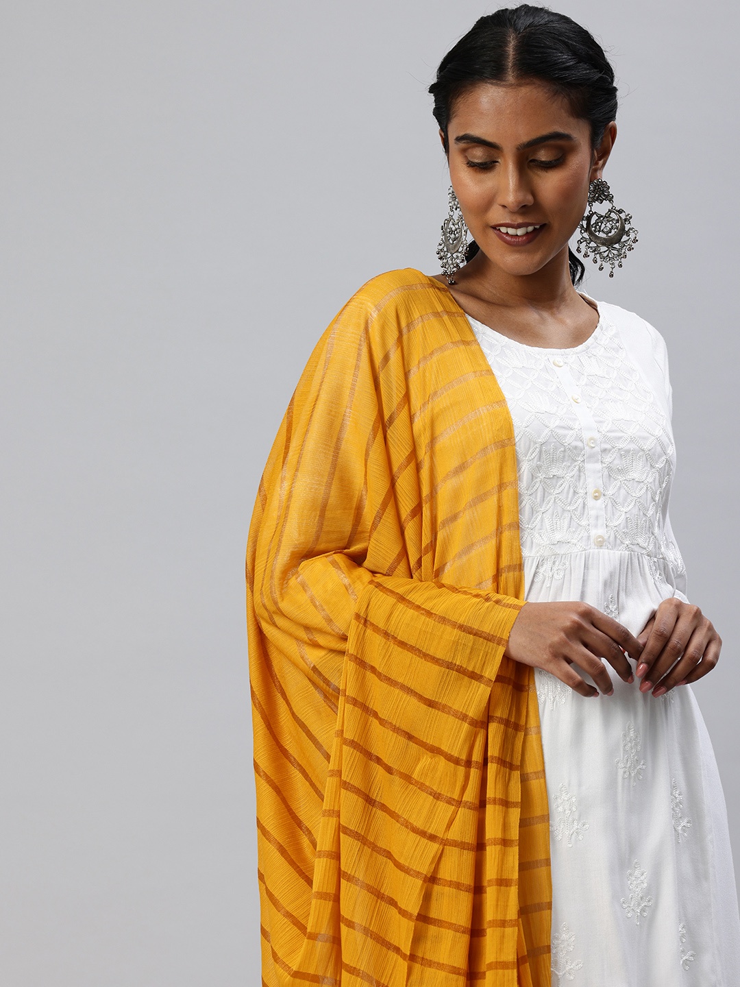

swatika Striped Net Dupatta, Mustard